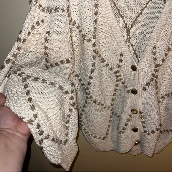 VINTAGE CLIFFORD & WILLIS chunky knit gold embroidered cardigan M - Picture 4 of 5